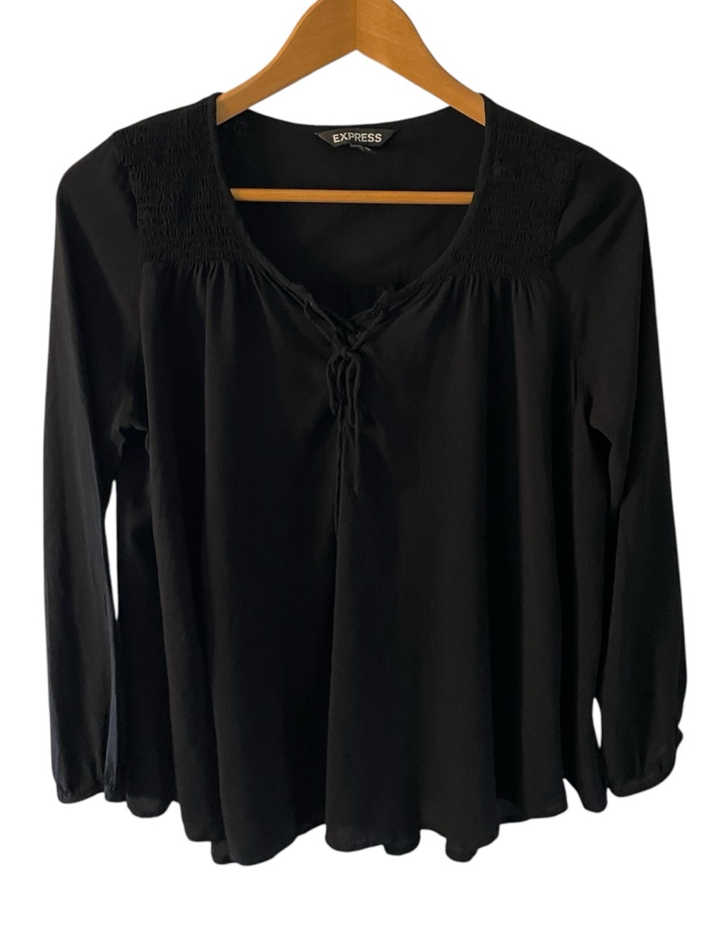 H7- Express Black Long-Sleeve Peasant Top with Tie Neck